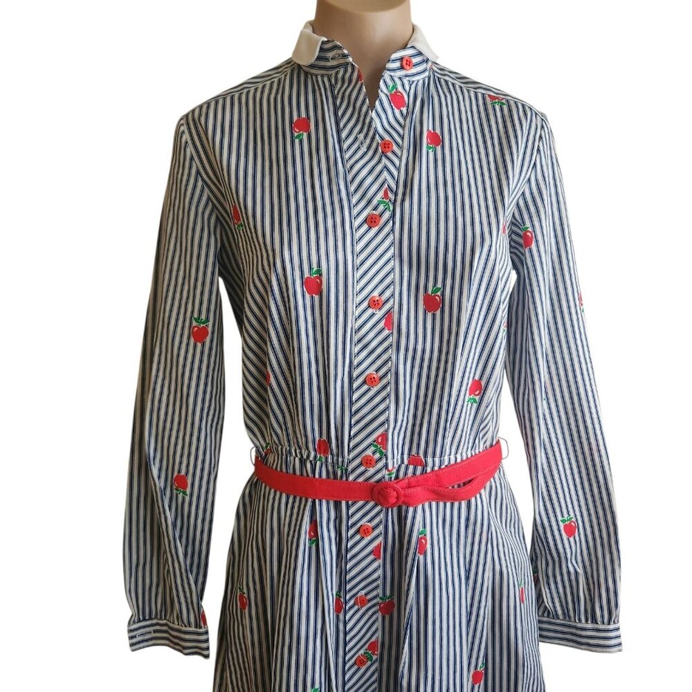 Vintage Lanz 1970s Belted Shirt Dress Teacher Apple Stripes Print Size 11/12 - Picture 5 of 16
